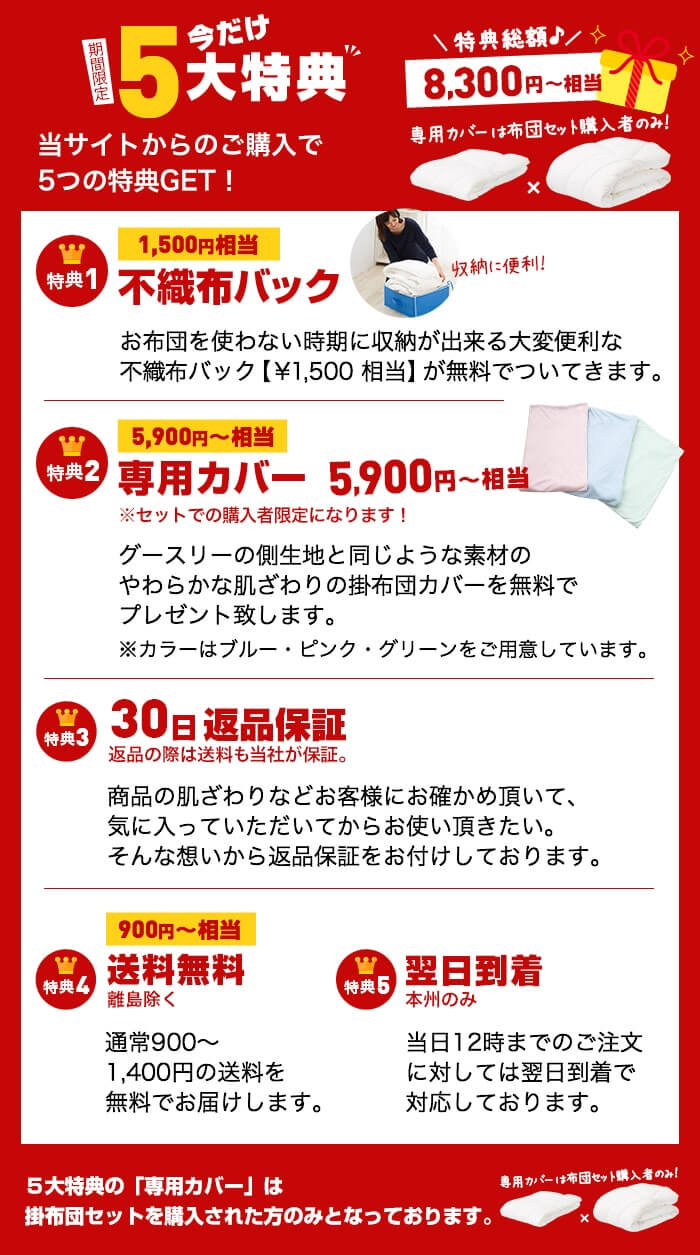【期間限定5大特典】特典1：不織布バック、特典2：専用カバー5,900円相当、特典3：30日返品保証（返品の際は送料も当社が保証。）、特典4：送料無料（離島除く）、特典5：翌日到着（本州のみ）